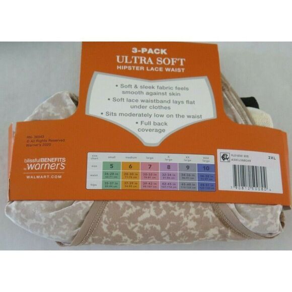 Blissful Benefits by Warner's Women Sz 2XL/9, 3-Pack Hipster Lace Waist Panties - Picture 3 of 3